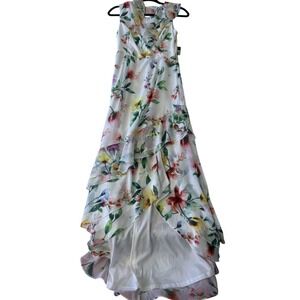 Guess Size 0 Floral High-Low Maxi Dress V Neck Flutter Tiered NWT